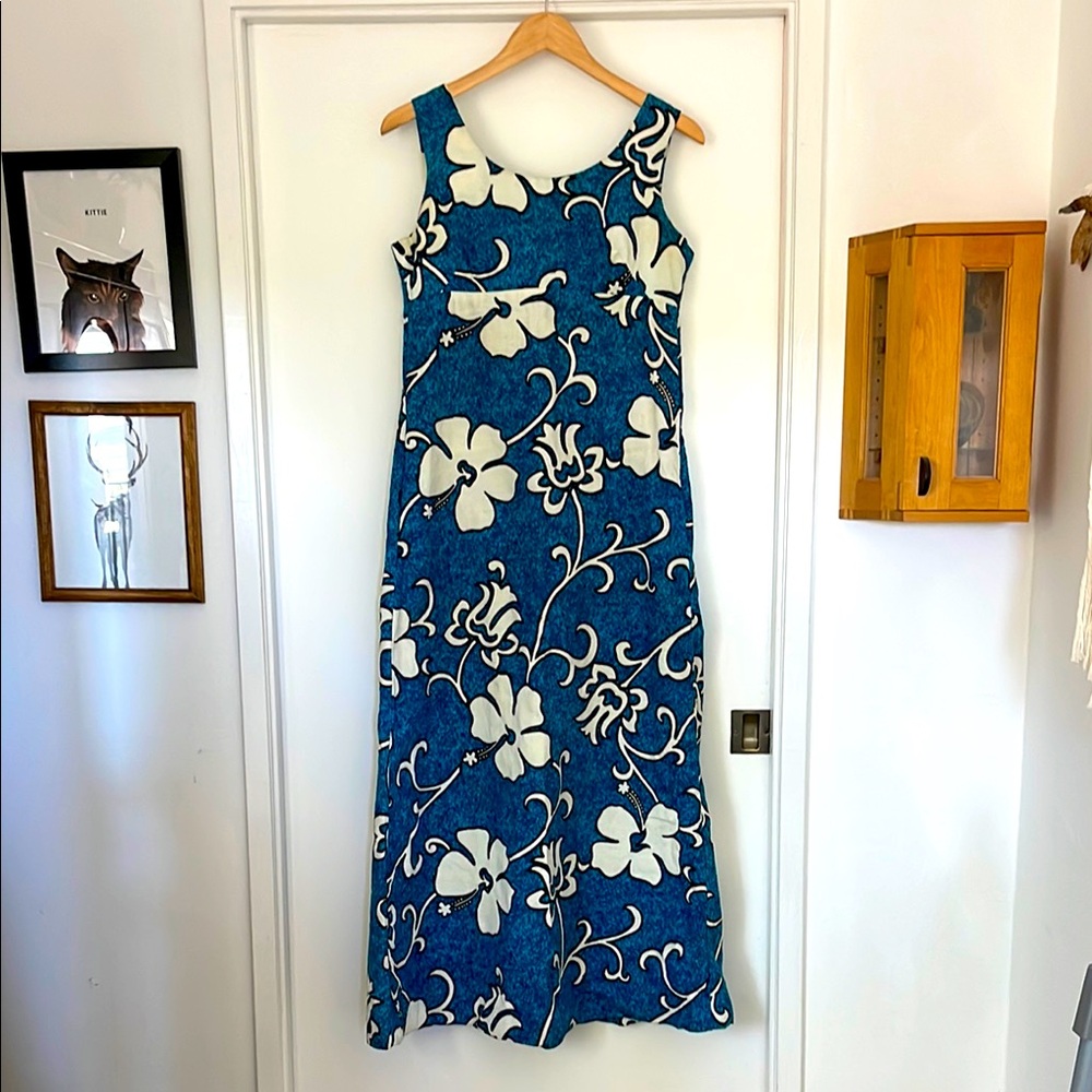Tropical Blue and White Floral Maxi Dress